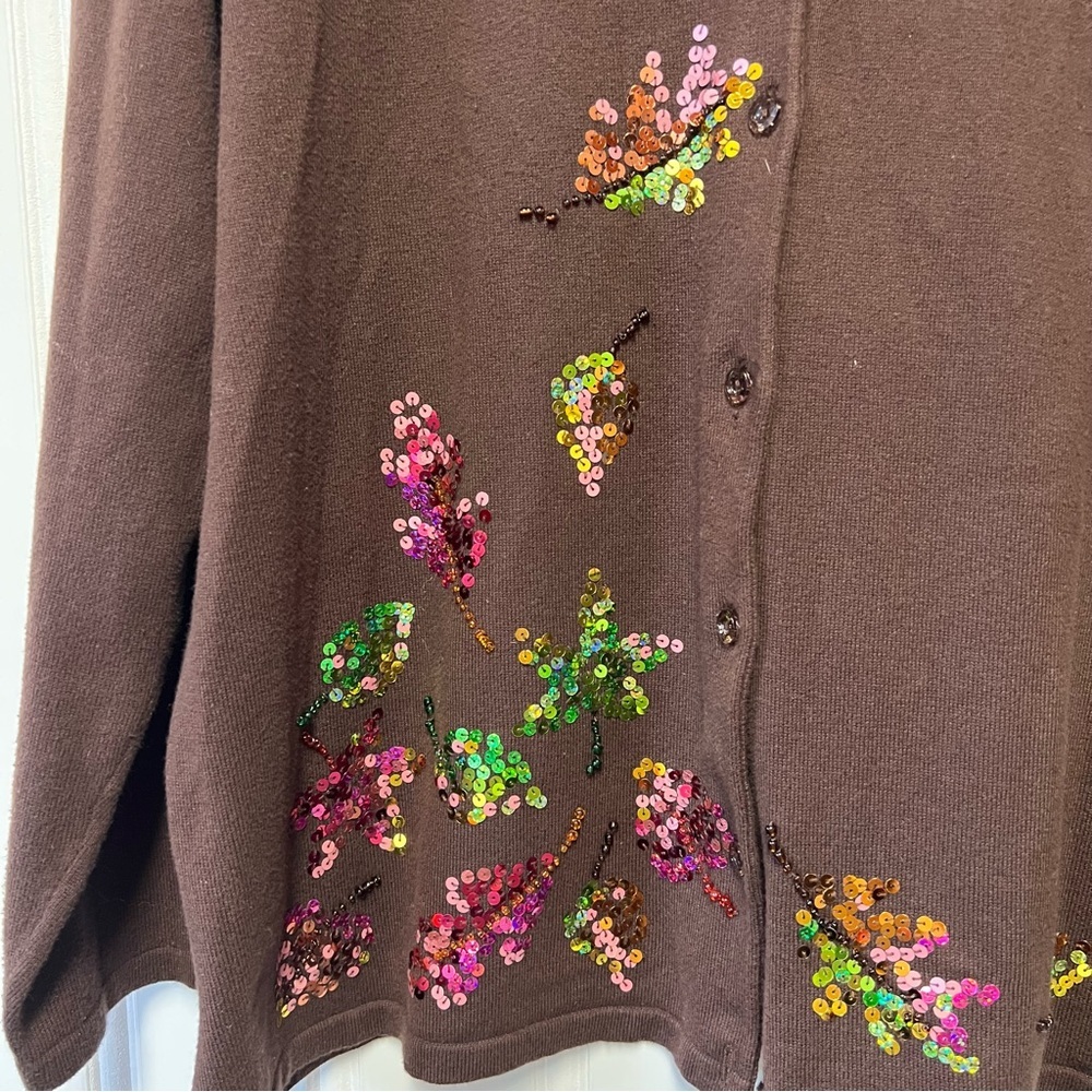 Quacker Factory Cardigan XL Brown Sequin Embellished Sweater Button Front Cute - Picture 2 of 7